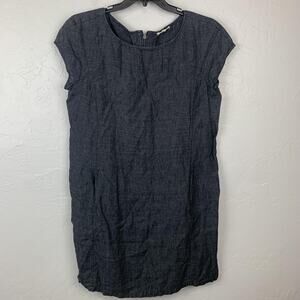 Eileen Fisher Dress Womens Small Blue Linen Shift Cap Sleeve Pockets Knee Length